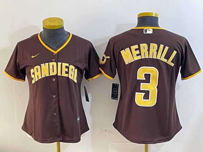 Womens San Diego Padres #3 Jackson Merrill Brown Stitched Jersey